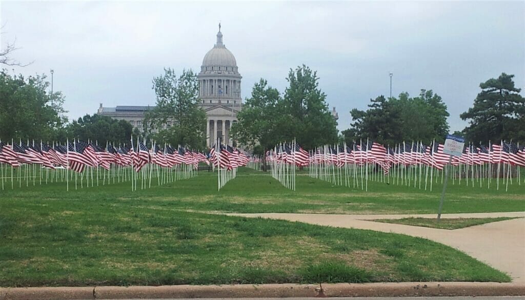 flags outside Oklahoma State Capitol